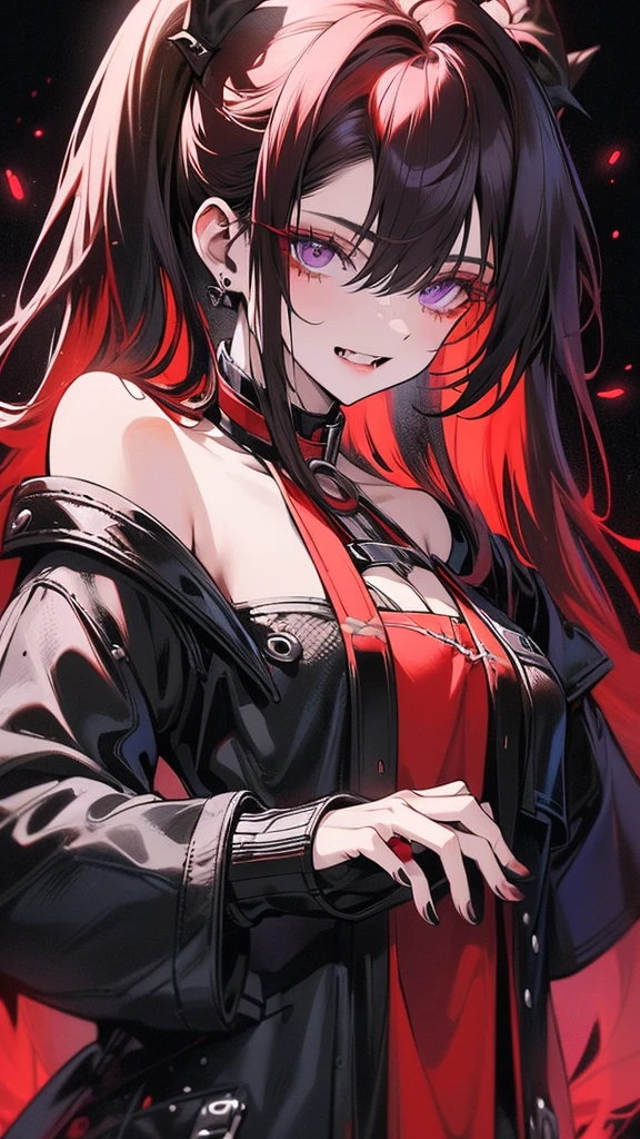 (Top resolution、Distinct_image)top-quality、A girl、​masterpiece、highly detailed, half body, Semi-realistic、purple eyes 、18year old, dark red hair,young 、Exquisite facial features、Facial features ,variation potrait, long  hairstyles, age, cool , cold sharp eyes, An expression of despair., lifeless eyes, blood on face, , {Very detailed 8k CG unit wallpaper}, Handsome, solo, female, vampires, dark cloak , loyalty , black clothes, vampires fangs
