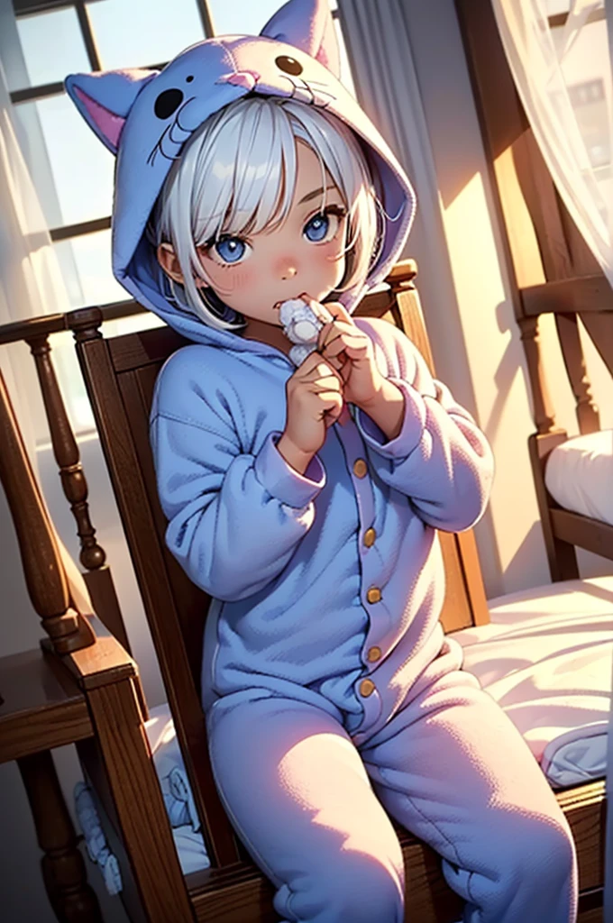 A teenage boy with white hair in a large nursery, thumb in mouth, (playing with toys), ((wearing a kitten onesie)), (((wearing a diaper))), [[sleeping]], (in a crib 1.5), stuffed animals, ((1boy)), high quality, extremely detailed, highly detailed, masterpiece, soft lighting, warm colors, pastel colors, (well drawn fingers), well drawn feet,
