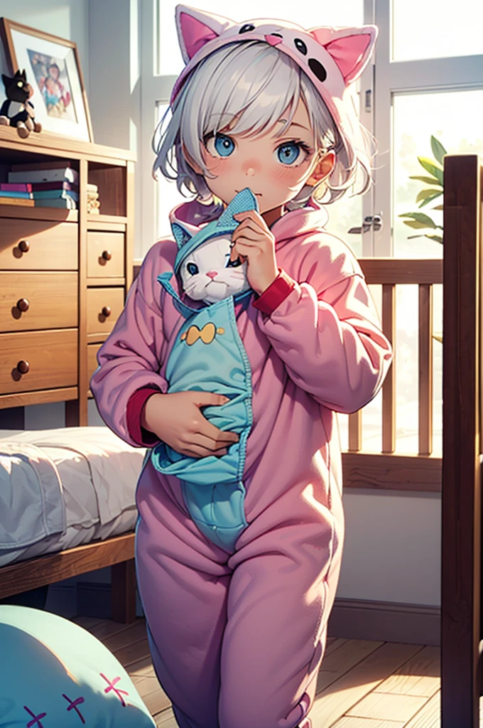 A teenage boy with white hair in a large nursery, thumb in mouth, (playing with toys), ((wearing a kitten onesie)), (((wearing a diaper))), [[sleeping]], (in a crib 1.5), stuffed animals, ((1boy)), high quality, extremely detailed, highly detailed, masterpiece, soft lighting, warm colors, pastel colors, (well drawn fingers), well drawn feet,
