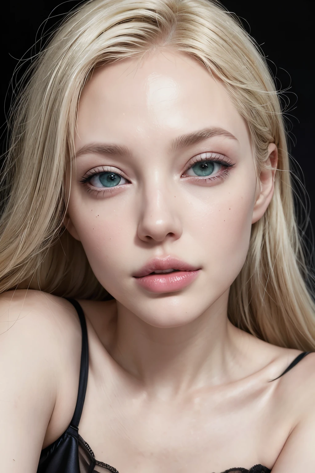 "Create a realistic image of a white woman with the following characteristics: platinum blonde hair, piercing green eyes and voluminous lips similar to Angelina Jolie. The image must be high resolution and capture the model&#39;s natural beauty, highlighting facial details and skin textures. Facial expression should be calm and confident, with a slight smile on his lips."