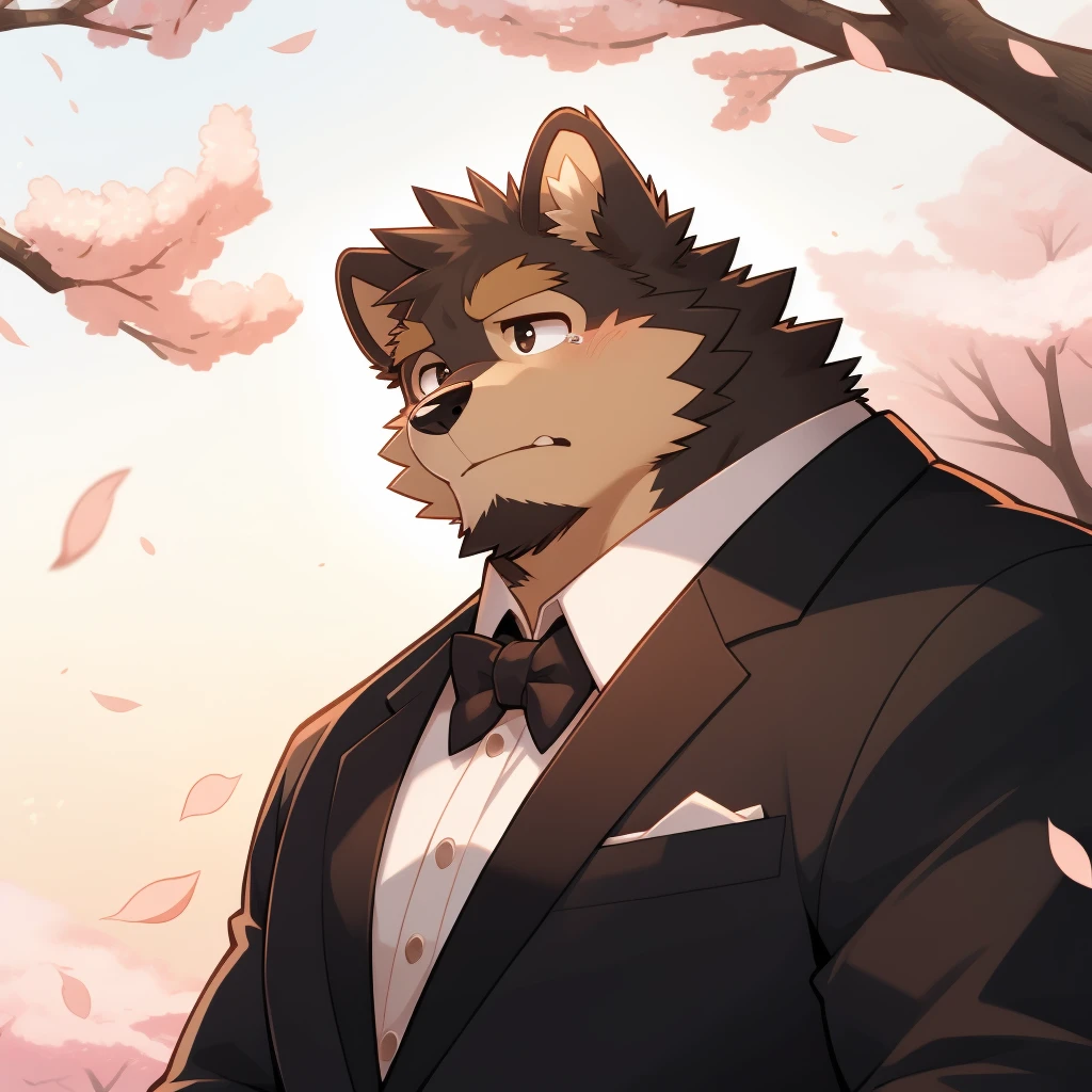 Scribble 德国牧羊dog face,cry,Humanity(dog),(Formal wear:1.3),Muscular,(Brown eyebrows:1.1),（Close one eye:1.2）,(Perfect black eyes),Cherry blossoms,Black fur。（artist:Takemoto Arashi）