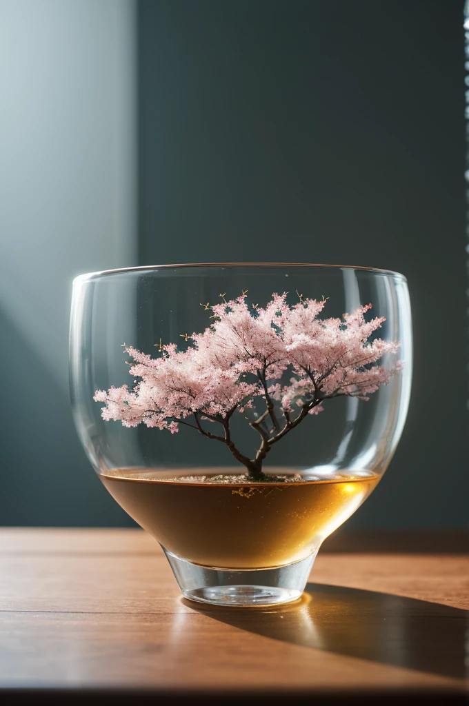Cherry tree in a whisky glass, fluffy, Realistic, Refraction of atmospheric light, photograph:Lee Jeffries, Nikon d850 film stock photos 4 kodak portra 400 camera f1.6 Lenses, Rich colors, ultra Realistic Realistic textures, Dramatic lighting, Unreal Engine Trending on Artstation cinestill 800, Style-Glass