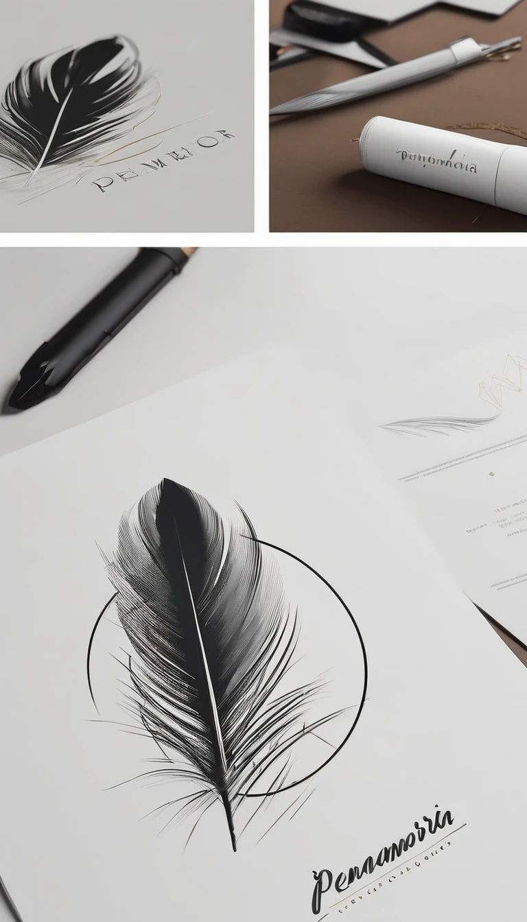 A minimal, modern, simple, cinematic logo design for the brand “Penamemoria". Create a modern, minimalistic, high-quality, masterpiece, fantastic, poetic feather that symbolizes dreams and stories.