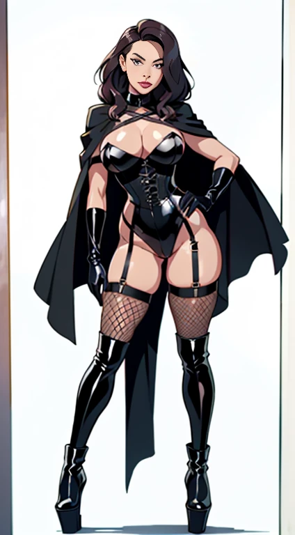 black widow, full body view, very long hair, latex black corset leotard harness, thigh high tall platform boots, long black latex gloves, extreme thin waist, large hips, large , black lipstick and makeup, black tights, black fishnet bodystockings, latex cape