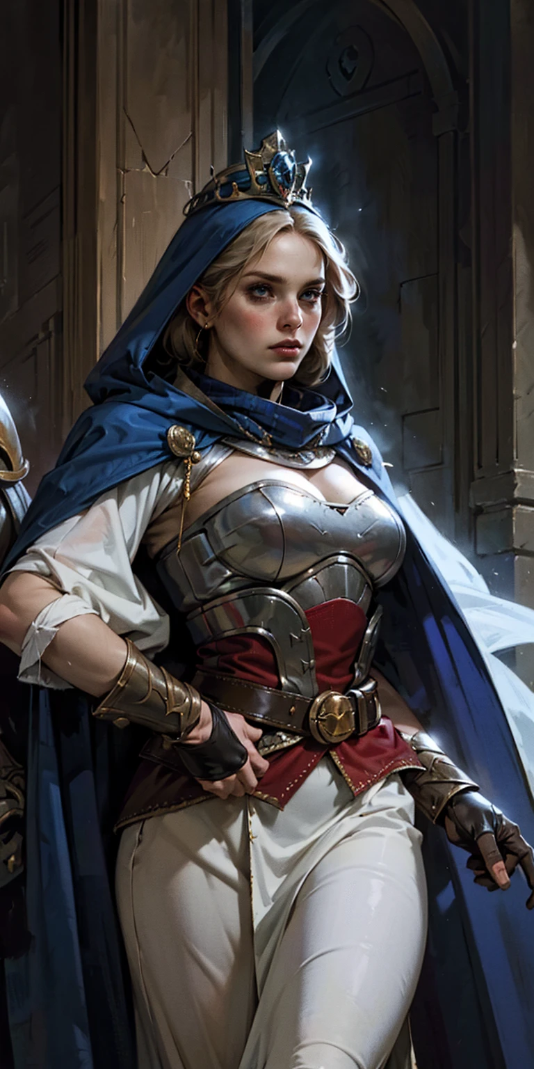 Subject:
Solo Girl
Attire:
Mask (full or partial, hiding her face)
Hood (possibly attached to the mask or separate)
Cape (flowing dramatically)
Belt (adorned or functional)
Armor (detailed and protective)
Cloak (adding mystery and grandeur)
Red Gloves/Gauntlets (adding a pop of color and emphasizing strength)
BKCrown (presumably a beautiful crown, possibly with black accents)
Setting:
Castle Interior (grand and imposing)
Throne (ornate and powerful)
Elbow Rest (emphasizing a relaxed yet authoritative pose)
Visual Style:
Masterpiece (exceptional quality)
Best Quality (highest detail and resolution)
Absurdness (a hint of the unexpected or unusual)
4K Resolution (sharp and lifelike)
Aesthetic (visually pleasing and captivating)
Detailed (intricate and richly textured)
Perfect Lighting (dramatic and evocative)