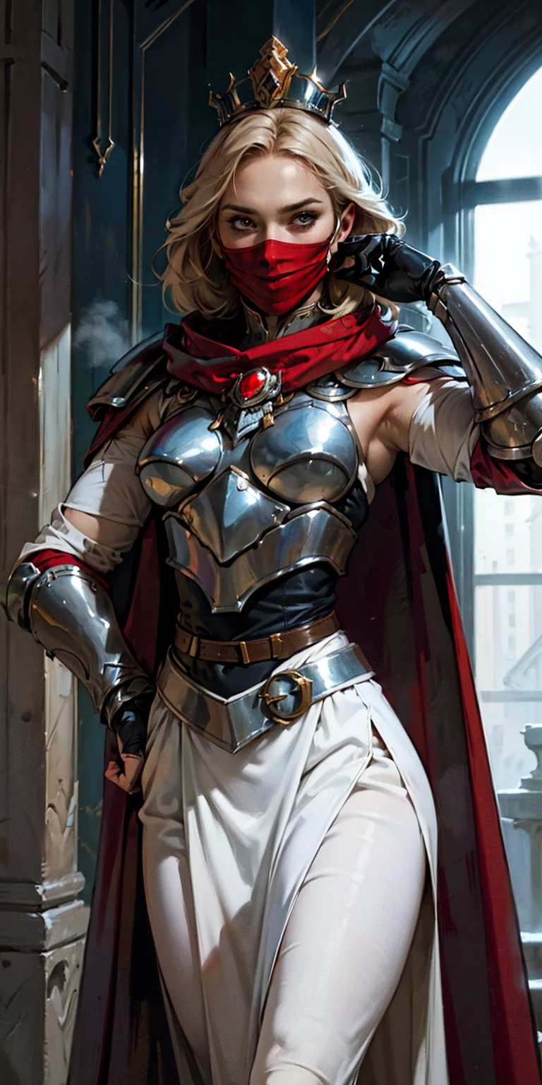 Subject:
Solo Girl
Attire:
Mask (full or partial, hiding her face)
Hood (possibly attached to the mask or separate)
Cape (flowing dramatically)
Belt (adorned or functional)
Armor (detailed and protective)
Cloak (adding mystery and grandeur)
Red Gloves/Gauntlets (adding a pop of color and emphasizing strength)
BKCrown (presumably a beautiful crown, possibly with black accents)
Setting:
Castle Interior (grand and imposing)
Throne (ornate and powerful)
Elbow Rest (emphasizing a relaxed yet authoritative pose)
Visual Style:
Masterpiece (exceptional quality)
Best Quality (highest detail and resolution)
Absurdness (a hint of the unexpected or unusual)
4K Resolution (sharp and lifelike)
Aesthetic (visually pleasing and captivating)
Detailed (intricate and richly textured)
Perfect Lighting (dramatic and evocative)