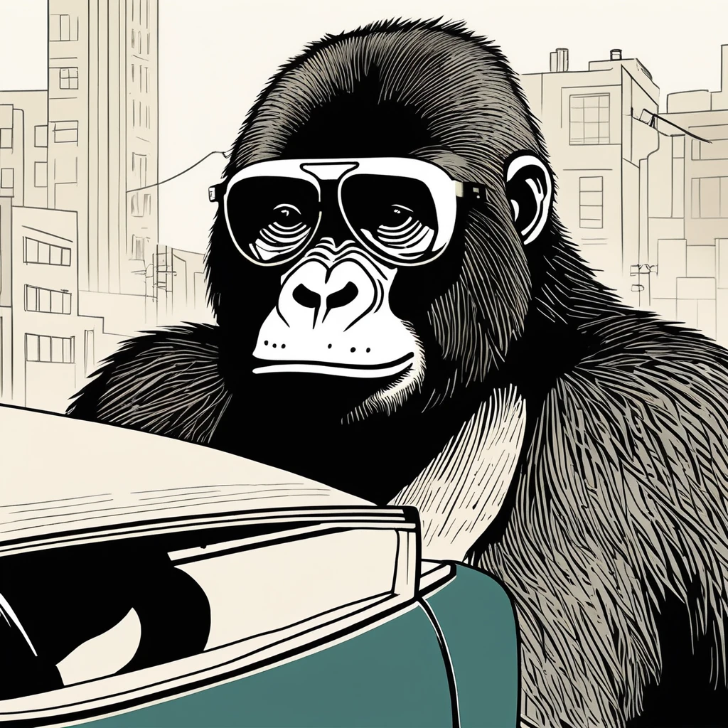 gorilla-like , sweet,very cute,art by Sophie Roach , art by Jon Klassen , art by Michael Cho , art by Sophie Roach、sunglasses,smoking,city、driving,