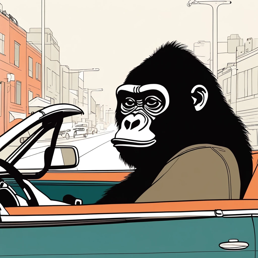 gorilla-like , sweet,very cute,art by Sophie Roach , art by Jon Klassen , art by Michael Cho , art by Sophie Roach、sunglasses,smoking,city、driving,