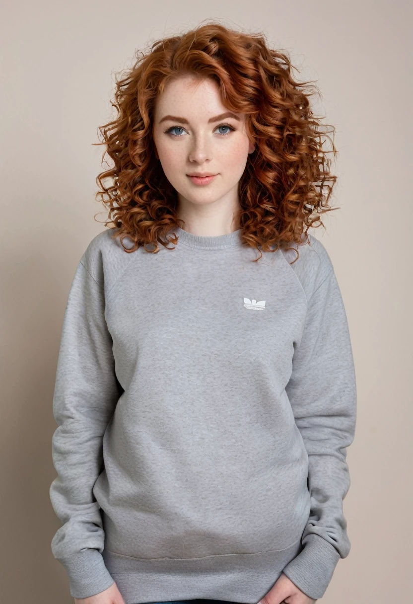 woman, redhead hair, curly hair, with sweatshirt