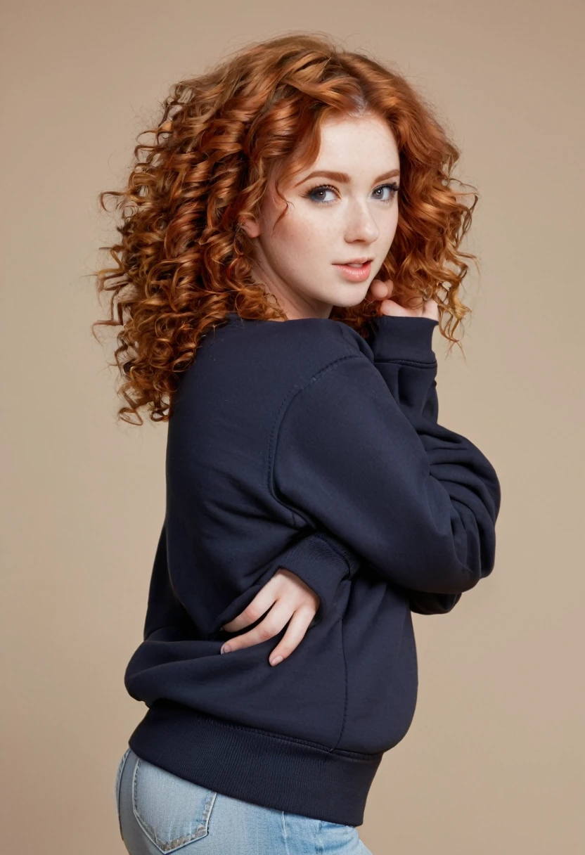 woman, redhead hair, curly hair, with sweatshirt