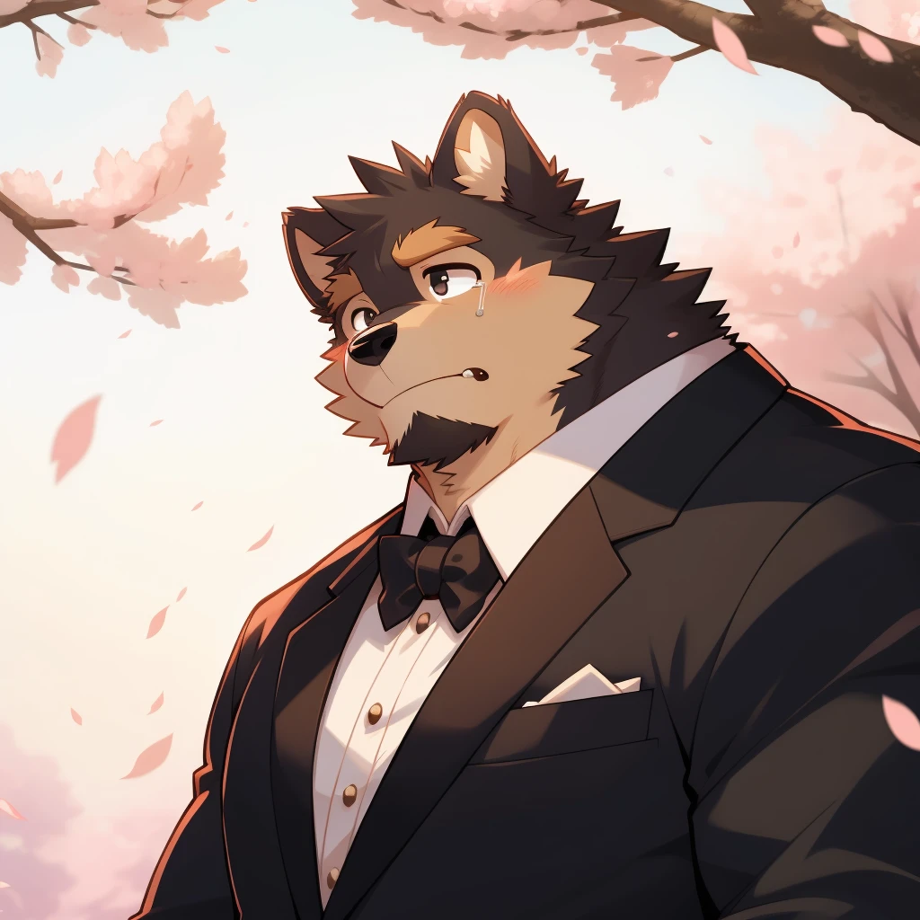 Scribble 德国牧羊dog face,cry,Humanity(dog),(Formal wear:1.3),Muscular,(Brown eyebrows:1.1),(Close one eye:1.2),(Perfect black eyes),Cherry blossoms,Black fur。(artist:Takemoto Arashi)