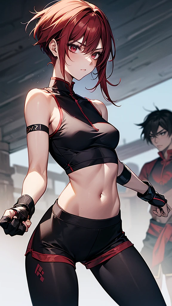 {{masterpiece}}, {{{best quality}}},{{ultra-detailed}}, {{illustration}},{{tall stature}},{{adult women}},skinny,Small breasts,Slender body,{{fighting stance}},((Leggings with integrated shorts)),((Black leggings)) Female Fighter Red hair short cut Sleeveless T-shirt Martial Arts Belt ,Chinese style,Cowboy Shot, black fingerless gloves,Street Fight,Slums during the day,1 female,alone, Elbow guard