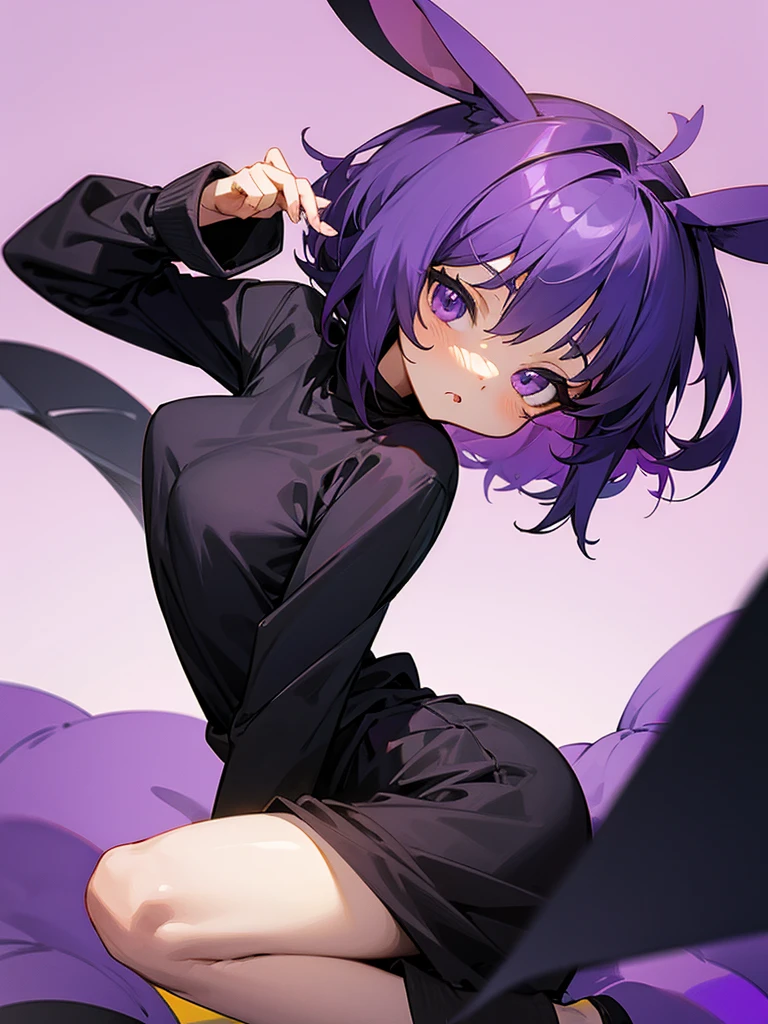  cute anime girl in black sweatshirt with short purple hair and big purple bunny ears