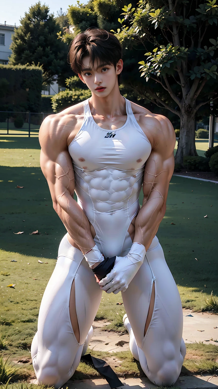 masterpiece,best quality, (An 18-year-old boy with extraordinary development:1.2), （Tall and fit body），(Kneeling upright on the campus grass),Look up at the characters，Front view，Stay away from the camera，White tight cycling suit,Broad and straight shoulders,Muscular shoulders，（Extremely strong body），Muscular body，Fitness，Perfect body proportions，Inverted triangle figure，Biceps，Highlight muscle texture， Muscular body，Slender and toned legs，Small head，Handsome and cute face，Perfectly detailed facial features,Looking at the camera，A serious and angry expression，leaning back,head tilt, happy, very short hair, brown hair,(looking at viewer:1.2)，full body，Vision