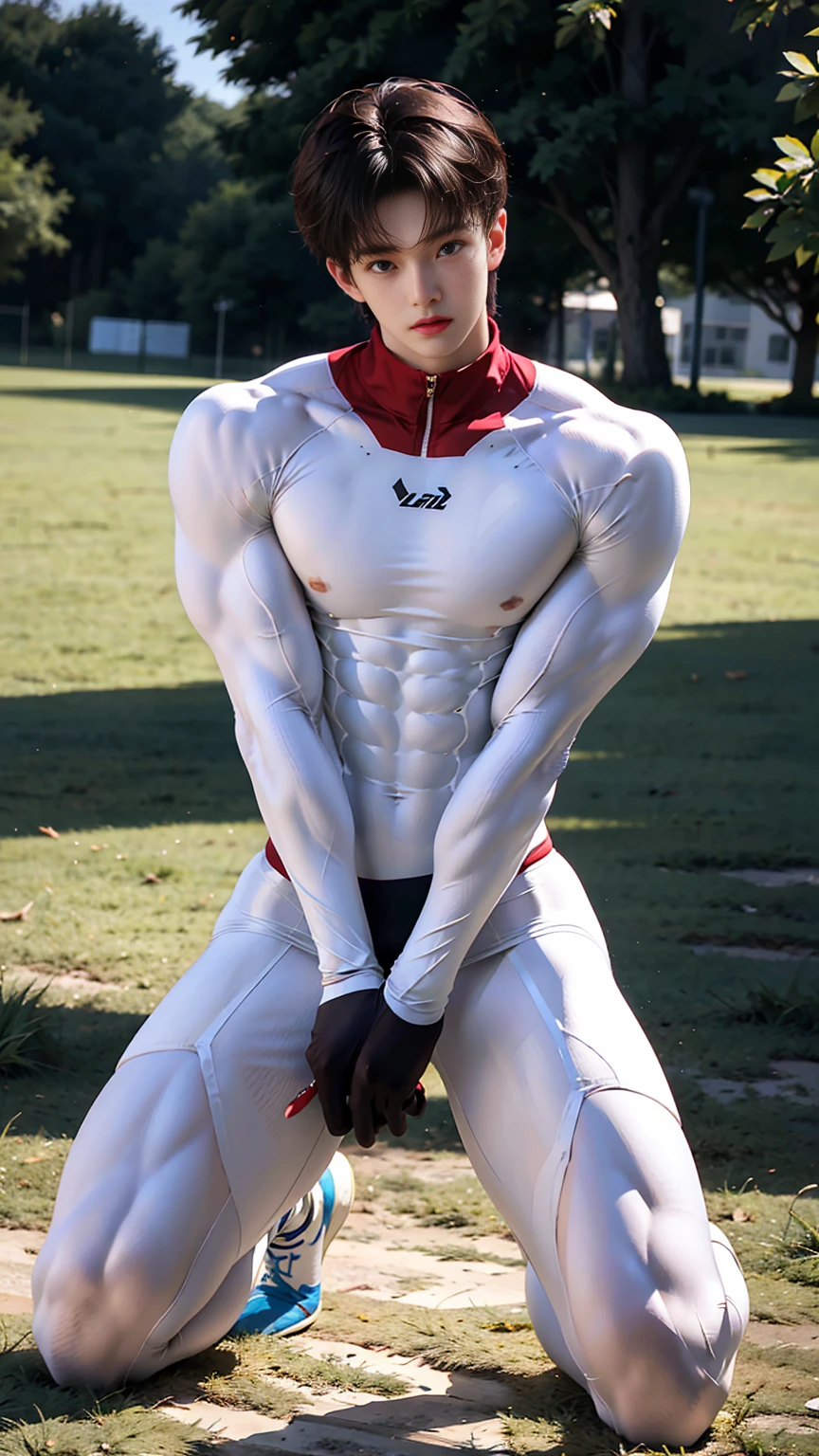 masterpiece,best quality, (An 18-year-old boy with extraordinary development:1.2), （Tall and fit body），(Kneeling upright on the campus grass),Look up at the characters，Front view，Stay away from the camera，White tight cycling suit,Broad and straight shoulders,Muscular shoulders，（Extremely strong body），Muscular body，Fitness，Perfect body proportions，Inverted triangle figure，Biceps，Highlight muscle texture， Muscular body，Slender and toned legs，Small head，Handsome and cute face，Perfectly detailed facial features,Looking at the camera，A serious and angry expression，leaning back,head tilt, happy, very short hair, brown hair,(looking at viewer:1.2)，full body，Vision