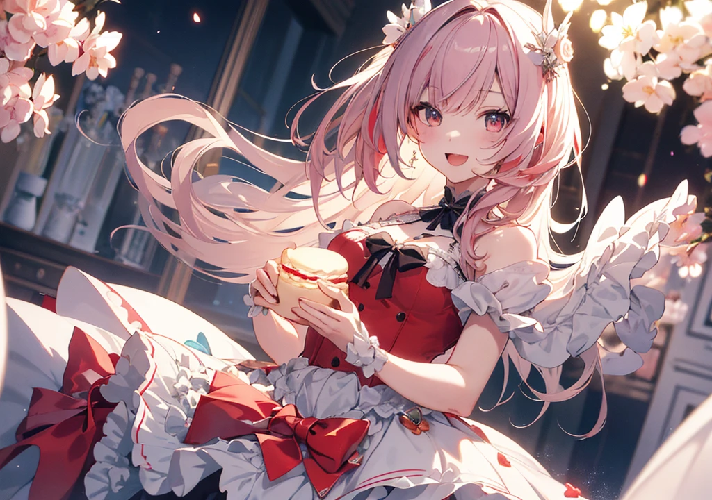 Realistic photos, Focus distance 10mm, Red and white, A big smile, Beautiful girl, Realistic photos, Focus distance 10mmで撮影, masterpiece, 最high quality, high quality, Very detailed CG 8k wallpaper unit, Award-winning photography, Depth of written boundary, High resolution, bloom, chromatic aberration, Realistic, Very detailed, Art Station Trends, CGsociety Trends, Complex, High detail, dramatic, Art on the go, volumetric lighting, A beautiful girl who is an anthropomorphized macaron。She looks adorable with her pastel-colored hair and colorful macaron dress.