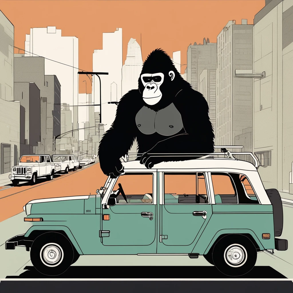 gorilla-like , sweet,very cute,art by Sophie Roach , art by Jon Klassen , art by Michael Cho , art by Sophie Roach、sunglasses,smoking,city、driving,jeep