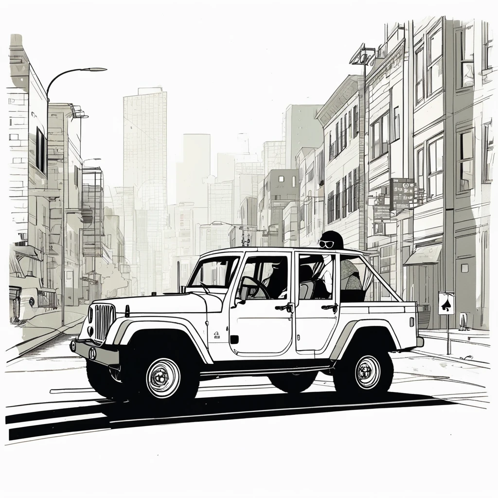 gorilla-like , sweet,very cute,art by Sophie Roach , art by Jon Klassen , art by Michael Cho , art by Sophie Roach、sunglasses,smoking,city、driving,jeep