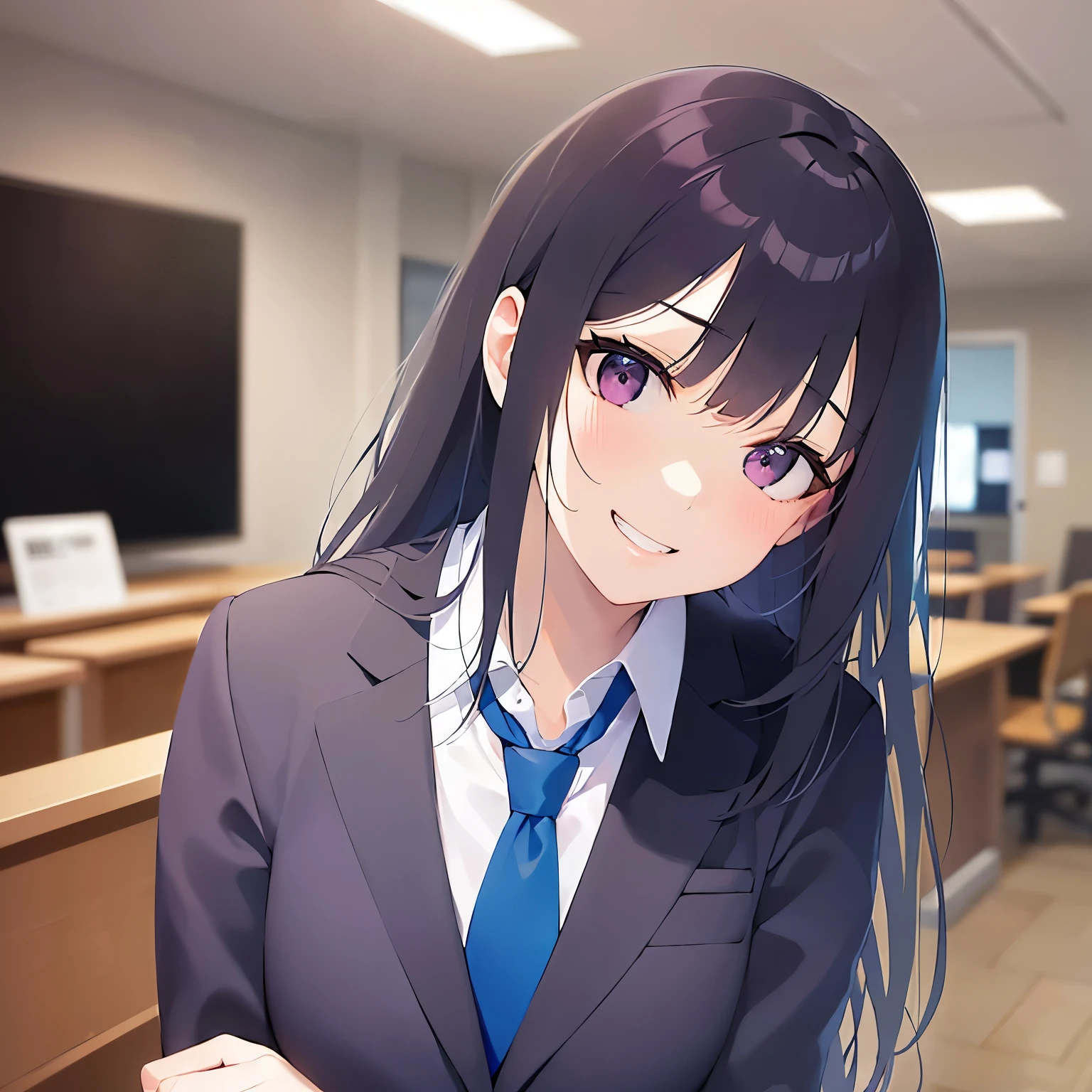 head tilt, Upper Body, Realistic, real person, (pale skin: 1.2), RAW photo, photorealistic, shiny skin, shiny hair、(A 25-year-old woman with straight hair and bangs) and (medium hair) and (black hair) and (purple eyes) , (suit:1.5) and (Blue tie) 、(grin:1.2), The background is the conference room、Alone、Are standing
