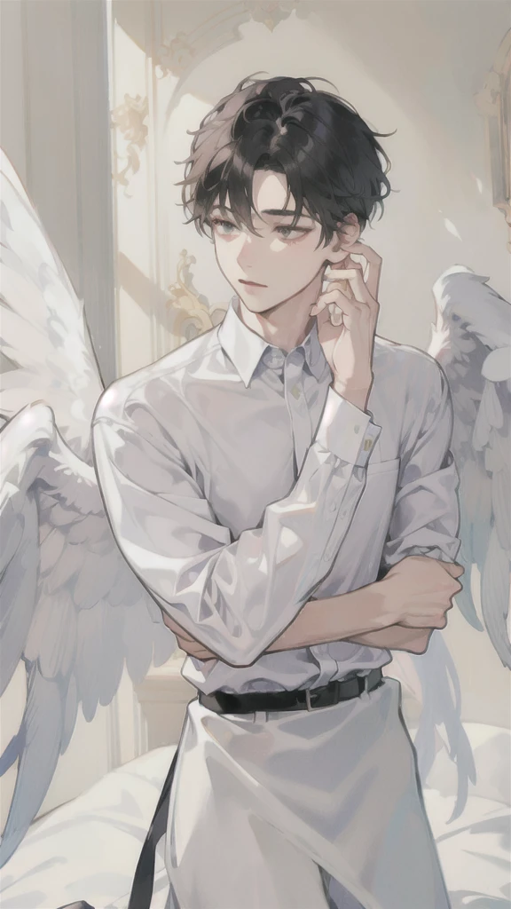 man, side face, wings white behind him, angel, hand on his face