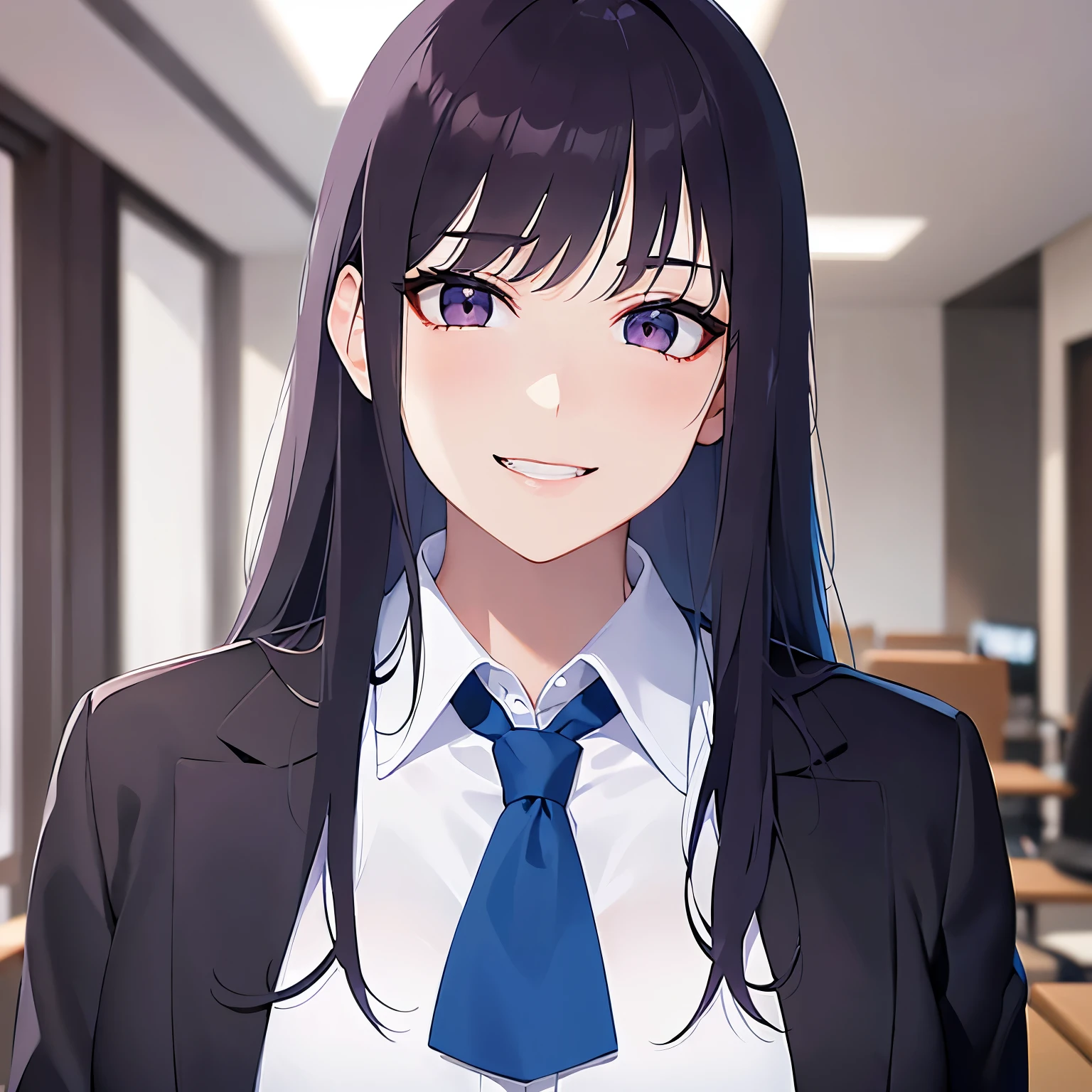 head tilt, Upper Body, Realistic, real person, (pale skin: 1.2), RAW photo, photorealistic, shiny skin, shiny hair、(A 25-year-old woman with straight hair and bangs) and (medium hair) and (black hair) and (purple eyes) , (suit:1.5) and (Blue tie) 、(grin:1.2), The background is the conference room、Alone、Are standing
