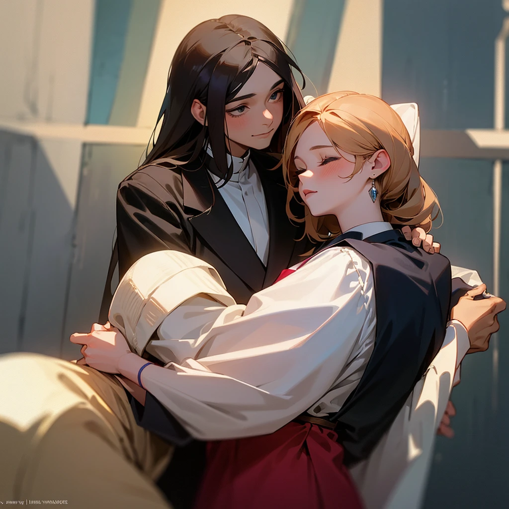 A couple made up of a man and a modern woman, both hugging each other for the photo and facing the image of Jesus Christ