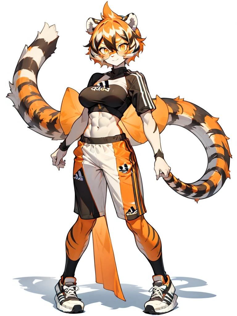 white background, full body, ((furry female:1.2)), Standing, animal ears, white hair, black hair, short hair, large breasts, muscle, tail, orange eyes, orange hair, multicolored hair, tiger girl, hair between eyes, tiger_ears, tiger_tail, orange-tinted_eyewear, tinted_eyewear, big breasts, evil smile, Shadows under feet, Abdominal muscles, (((Adidas outfit:1.2))),jk style
bags under eyes,eyeliner,makeup