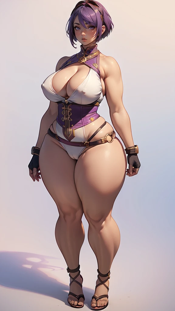 (masterpiece), best quality, female warrior, huge girl, female muscular:1.2, (curvy:1.7), (((blank background))), ((full body)), fingerless gloves, sandals, sleeveless, covered nipples, ((buzzcut hairstyle)), purple hair, hair over eyes, ((very big legs:1.4)), ((camel toe)), (cleavage)