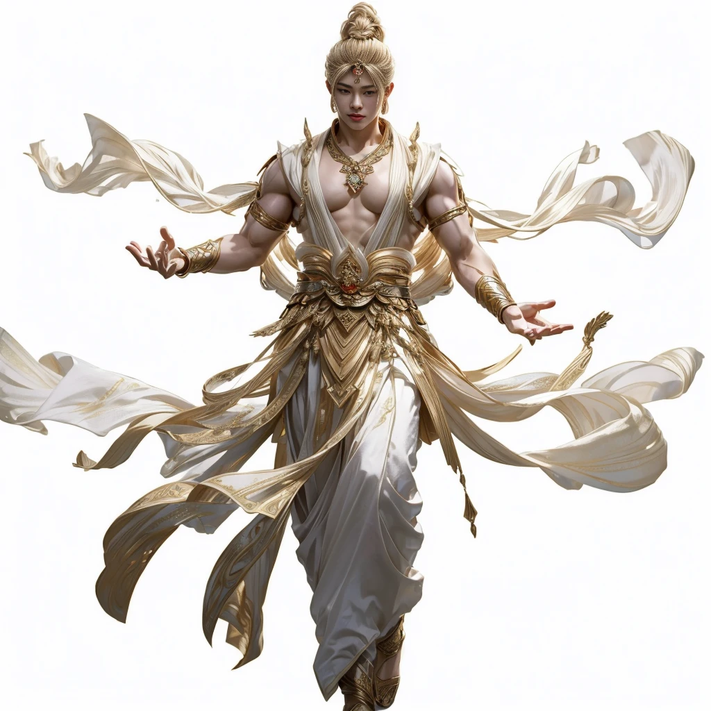 Dunhuang，Aesthetic，male，muscular，Hairstyle，Clothes white gold，Fairy air，4K，Lighting，Ball head，blonde，Clothes fluttering yarn，Flowing clothes，Male bodhisattva，头发Hairstyle，sacred，Cool clothing，Biceps，Monk，bust，Hands together，3/4 angle，Man standing sideways。Asian beauty，male俊俏面孔