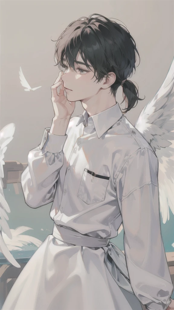man, side face, wings white behind him, angel, hand on his face
