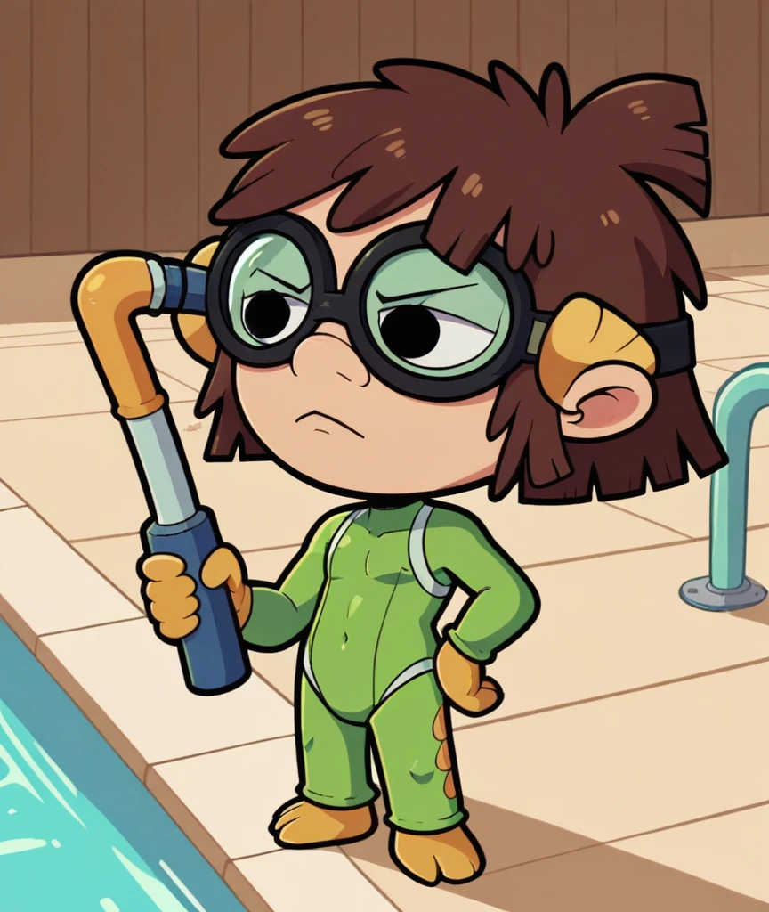 lisaloud, 1girl, solo, green tight One piece swimsuit, Yellow Fins, green tight swim cap, black Goggles, standing in Pool, brown hair, chibi, score_9, score_8_up, score_7_up, swimming, snorkel 