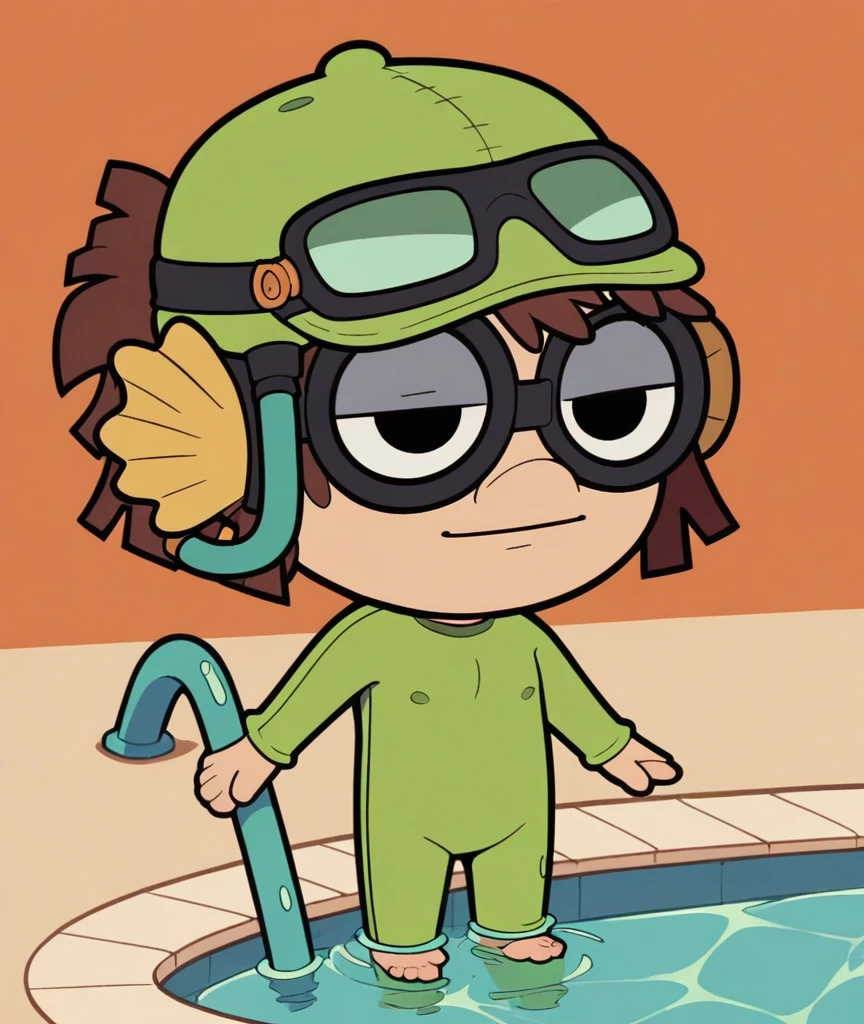 lisaloud, 1girl, solo, green tight One piece swimsuit, Yellow Fins, green tight swim cap, black Goggles, standing in Pool, brown hair, chibi, score_9, score_8_up, score_7_up, swimming, snorkel