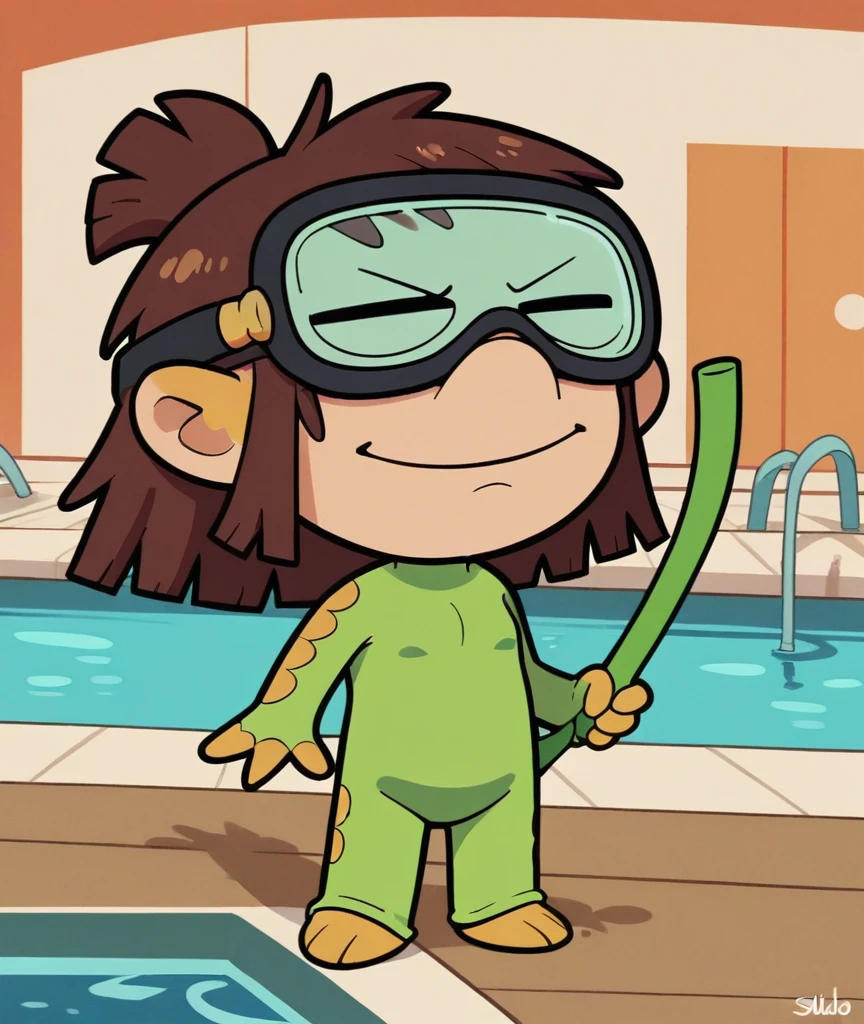 lisaloud, 1girl, solo, green tight One piece swimsuit, Yellow Fins, green tight swim cap, black Goggles, standing in Pool, brown hair, chibi, score_9, score_8_up, score_7_up, swimming, snorkel