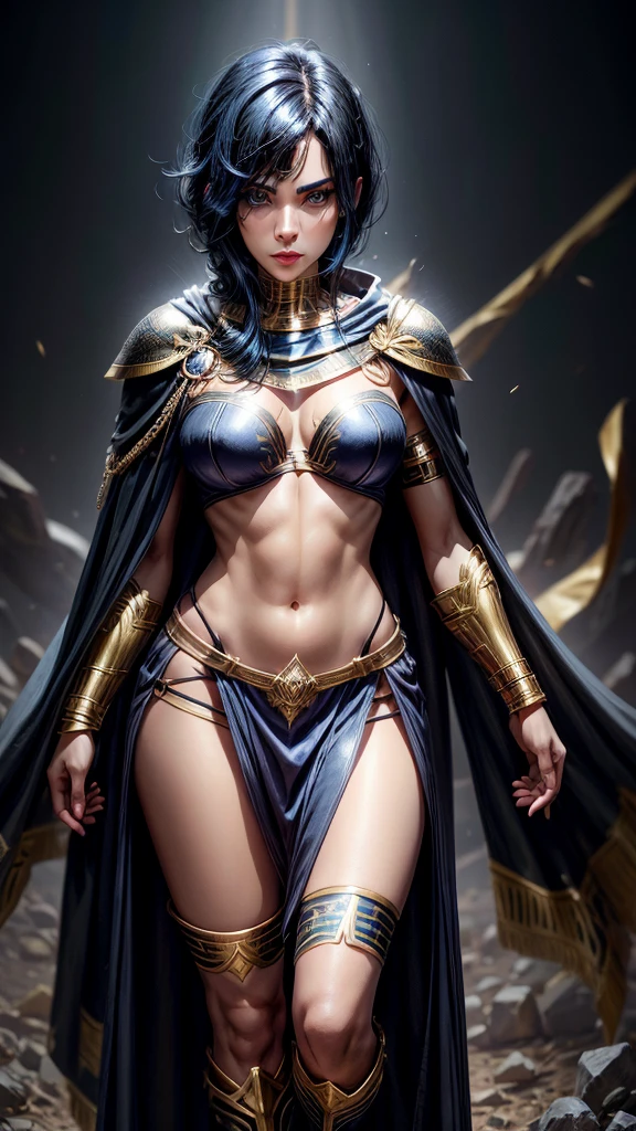 Egyptian warrior with black armor with gold details, blue cape, black crown with blue gems, short black hair with blue highlights, lined eyes and soft red lipstick, Full body image, bare abdomen and dress with cutout on the leg