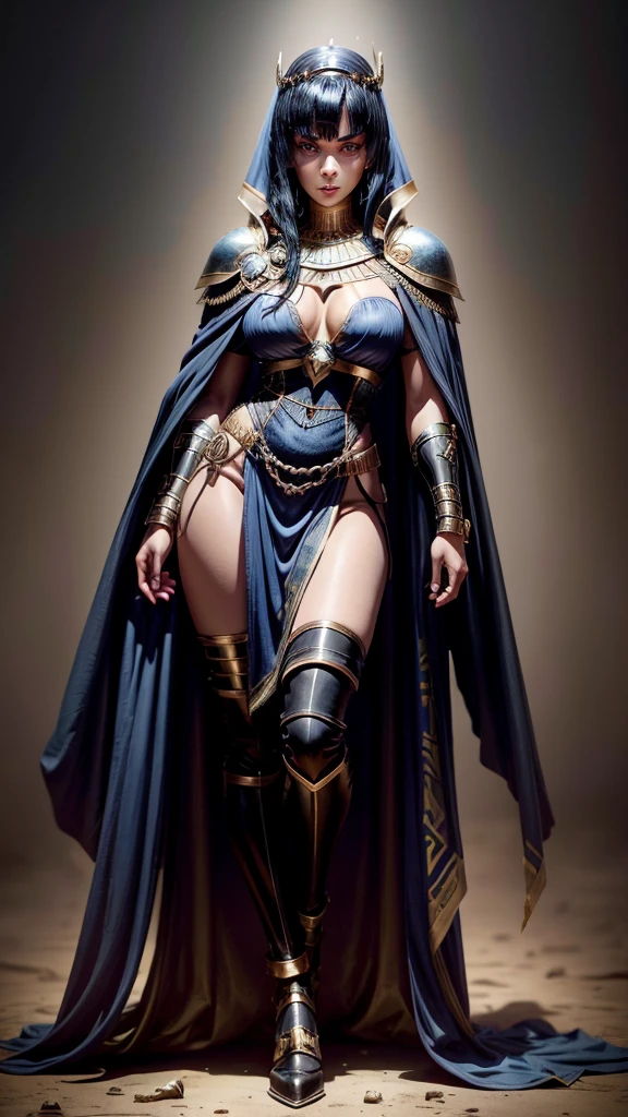 Egyptian warrior with black armor with gold details, blue cape, black crown with blue gems, short black hair with blue highlights, lined eyes and soft red lipstick, Full body image, bare abdomen and dress with cutout on the leg