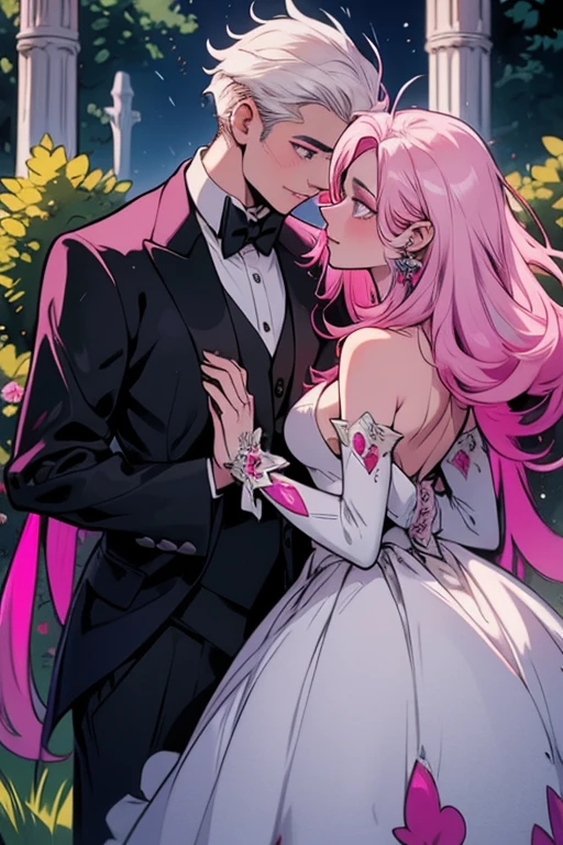 One man. One woman.Perfect faces. Perfect hands. A young white haired man with ruby eyes in an ornate suit is kissing a pink haired queen with violet eyes with an hourglass figure in a ballgown in the garden