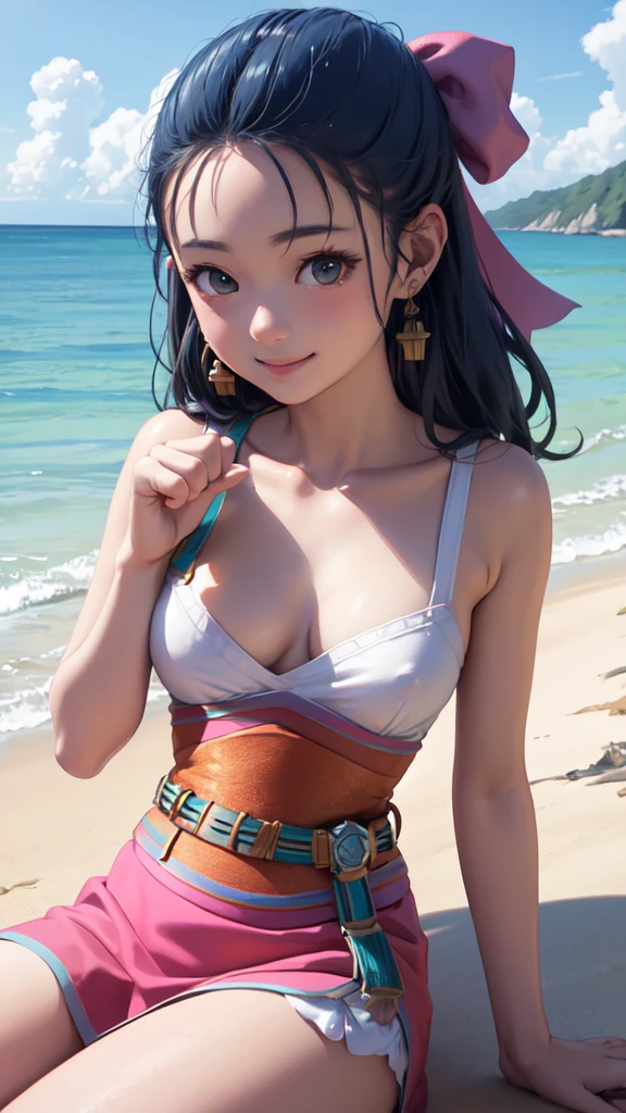 Nera、Hair Ribbon、Earrings、chest、Sash、（Highest quality、masterpiece、RAW Photos、Super detailed:1.2）、1 girl、小さなchest, Sitting, Upper Body, Turn your body forward, looking at the camera, Ocean, beach, Beach, fist, smile