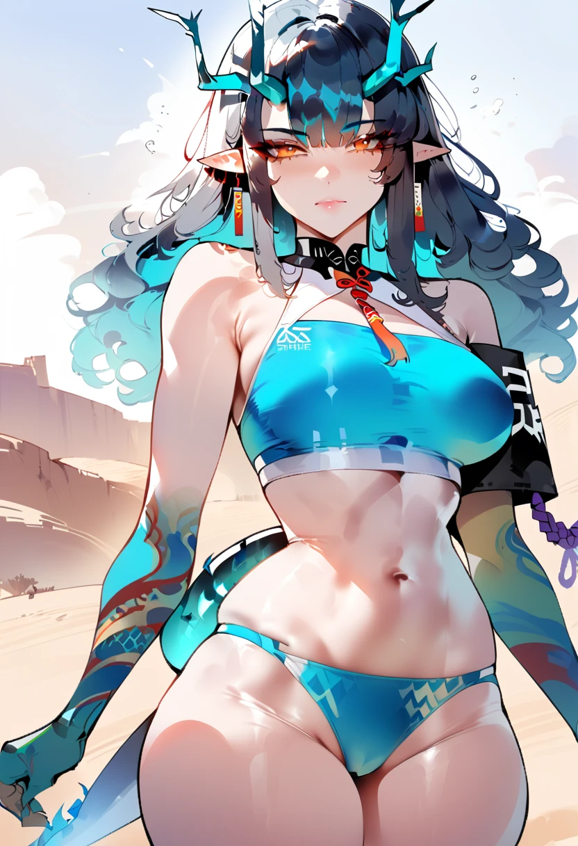 1 girl, dusk \(arknights), arknights,(Masterpiece, Best Quality), The newest one,  turquoise bikinis, The original lasts, , by nyantcha, black fur, horns, por omone shopping agm, white dragon tail, evening,desert, orange eyes, turquoise scales on arms, 