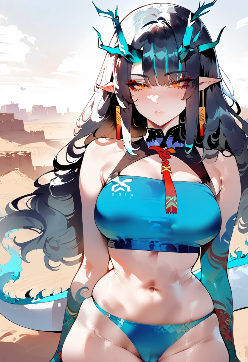 1 girl, dusk \(arknights), arknights,(Masterpiece, Best Quality), The newest one,  turquoise bikinis, The original lasts, , by nyantcha, black fur, horns, por omone shopping agm, white dragon tail, evening,desert, orange eyes, turquoise scales on arms, 