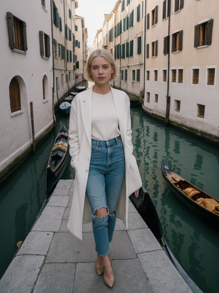 her name is Amelie, high quality, 1girl, ((25-year-old fit Caucasian woman)), ((25 years old)), ((SLIM)), ((short blonde hair)), pose: standing, wearing fashionable Generation-Z modern wear different colored, BACKGROUND:  "Gliding through the canals in a gondola, with soft lights reflecting off the water and historic buildings."