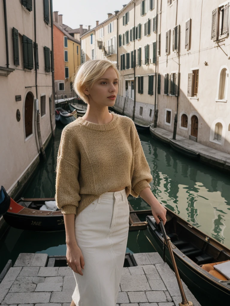 her name is Amelie, high quality, 1girl, ((25-year-old fit Caucasian woman)), ((25 years old)), ((SLIM)), ((short blonde hair)), pose: standing, wearing fashionable Generation-Z modern wear different colored, BACKGROUND: "Gliding through the canals in a gondola, with soft lights reflecting off the water and historic buildings."