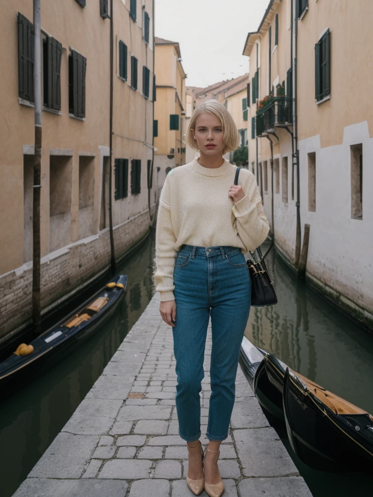 her name is Amelie, high quality, 1girl, ((25-year-old fit Caucasian woman)), ((25 years old)), ((SLIM)), ((short blonde hair)), pose: standing, wearing fashionable Generation-Z modern wear different colored, BACKGROUND: "Gliding through the canals in a gondola, with soft lights reflecting off the water and historic buildings."