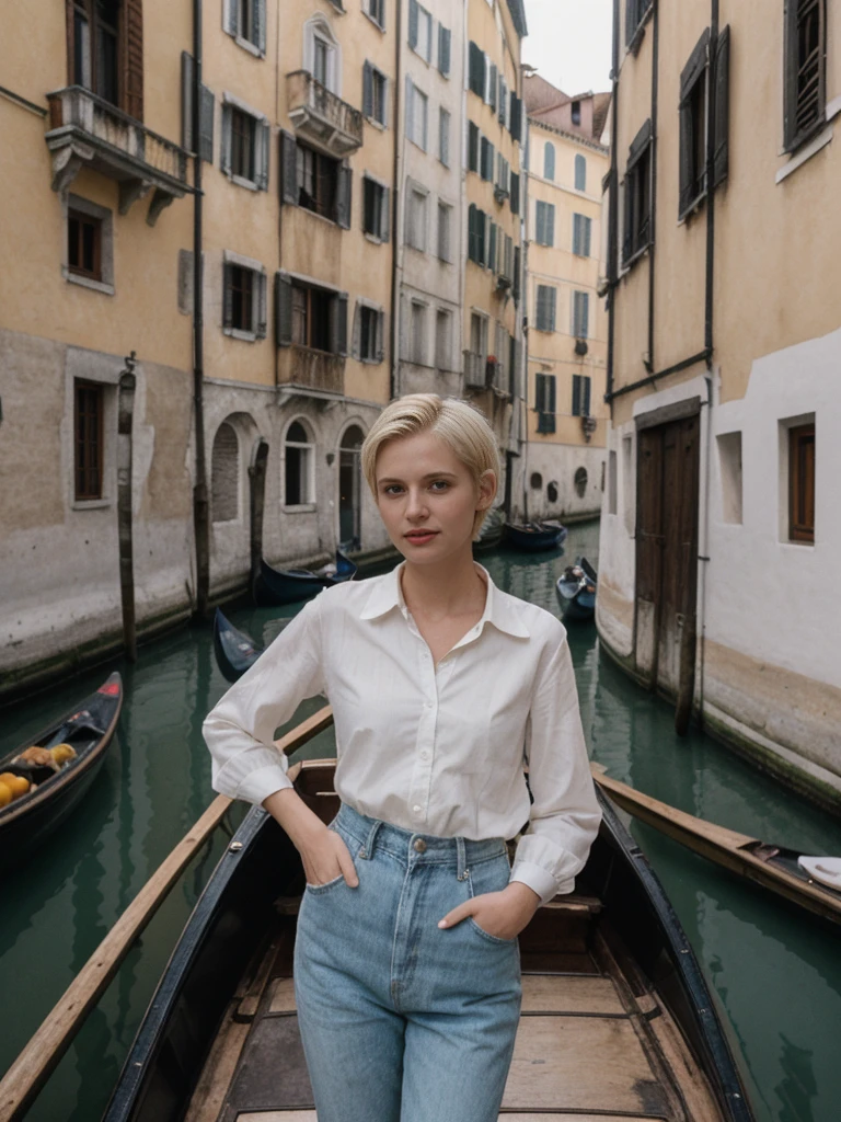 her name is Amelie, high quality, 1girl, ((25-year-old fit Caucasian woman)), ((25 years old)), ((SLIM)), ((short blonde hair)), pose: standing, wearing fashionable Generation-Z modern wear different colored, BACKGROUND:  "Gliding through the canals in a gondola, with soft lights reflecting off the water and historic buildings."