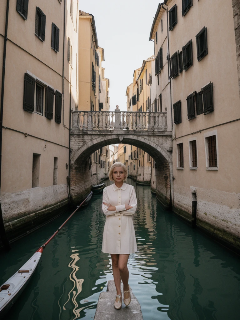 her name is Amelie, high quality, 1girl, ((25-year-old fit Caucasian woman)), ((25 years old)), ((SLIM)), ((short blonde hair)), pose: standing, wearing fashionable Generation-Z modern wear different colored, BACKGROUND: "Gliding through the canals in a gondola, with soft lights reflecting off the water and historic buildings."
