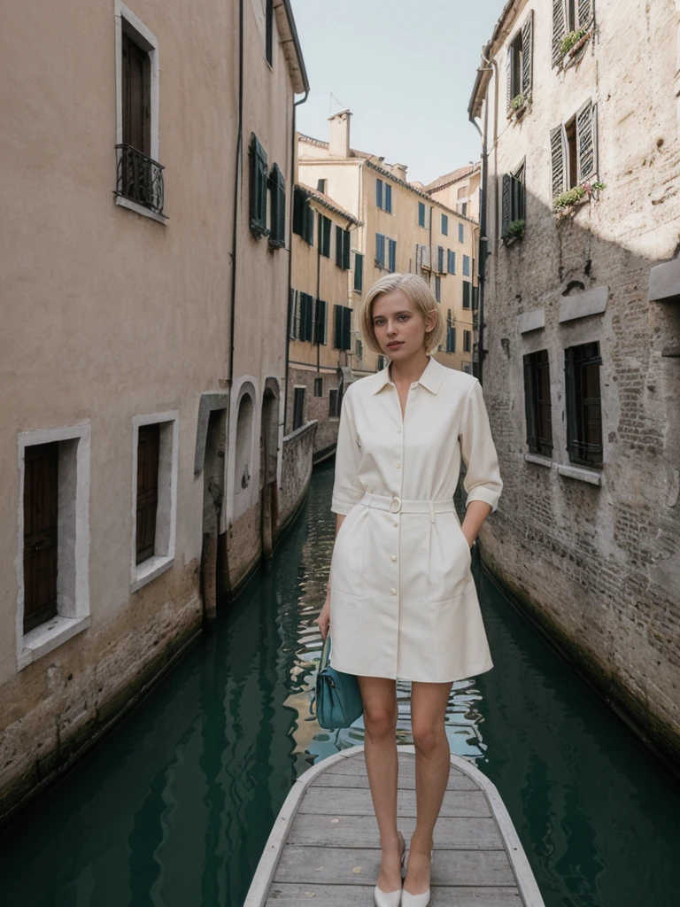 her name is Amelie, high quality, 1girl, ((25-year-old fit Caucasian woman)), ((25 years old)), ((SLIM)), ((short blonde hair)), pose: standing, wearing fashionable Generation-Z modern wear different colored, BACKGROUND: "Gliding through the canals in a gondola, with soft lights reflecting off the water and historic buildings."