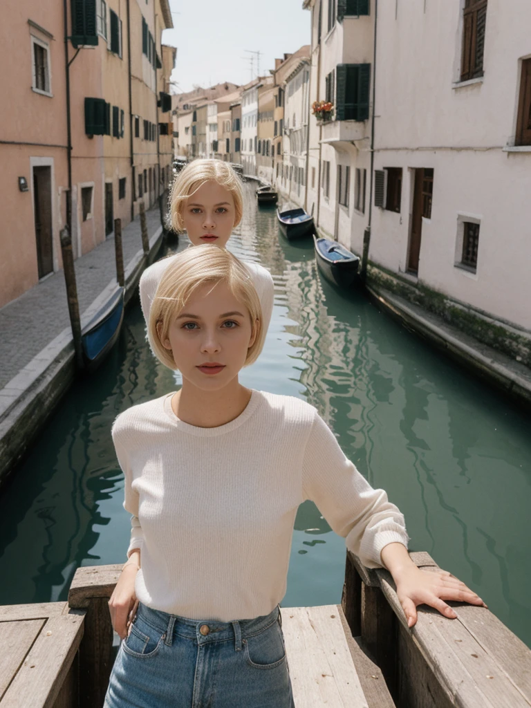 her name is Amelie, high quality, 1girl, ((25-year-old fit Caucasian woman)), ((25 years old)), ((SLIM)), ((short blonde hair)), pose: standing, wearing fashionable Generation-Z modern wear different colored, BACKGROUND: "Gliding through the canals in a gondola, with soft lights reflecting off the water and historic buildings."
