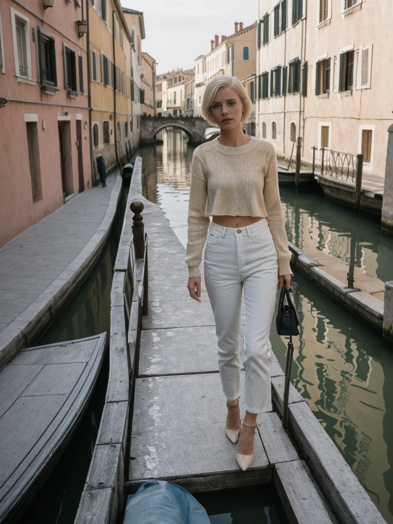 her name is Amelie, high quality, 1girl, ((25-year-old fit Caucasian woman)), ((25 years old)), ((SLIM)), ((short blonde hair)), pose: standing, wearing fashionable Generation-Z modern wear different colored, BACKGROUND: "Gliding through the canals in a gondola, with soft lights reflecting off the water and historic buildings."