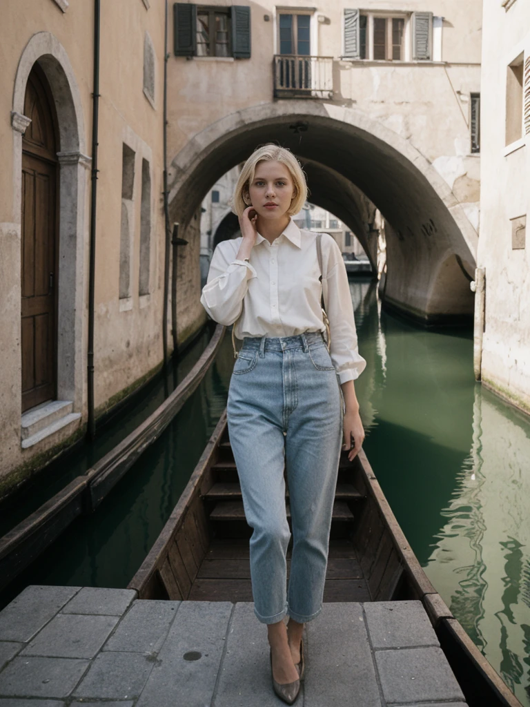 her name is Amelie, high quality, 1girl, ((25-year-old fit Caucasian woman)), ((25 years old)), ((SLIM)), ((short blonde hair)), pose: standing, wearing fashionable Generation-Z modern wear different colored, BACKGROUND:  "Gliding through the canals in a gondola, with soft lights reflecting off the water and historic buildings."