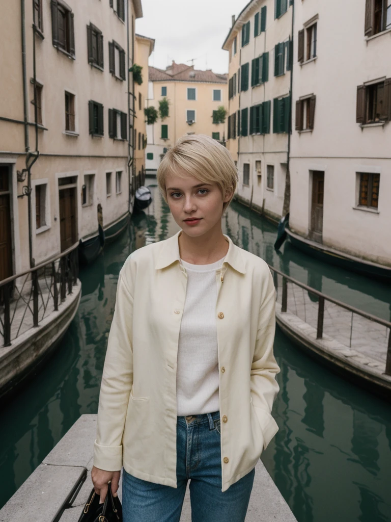 her name is Amelie, high quality, 1girl, ((25-year-old fit Caucasian woman)), ((25 years old)), ((SLIM)), ((short blonde hair)), pose: standing, wearing fashionable Generation-Z modern wear different colored, BACKGROUND: "Gliding through the canals in a gondola, with soft lights reflecting off the water and historic buildings."