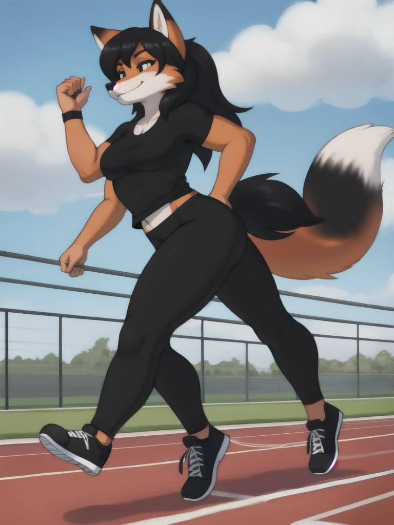 Furry, fox, female, black shirt, black leggings, shoes, running track, solo, full body